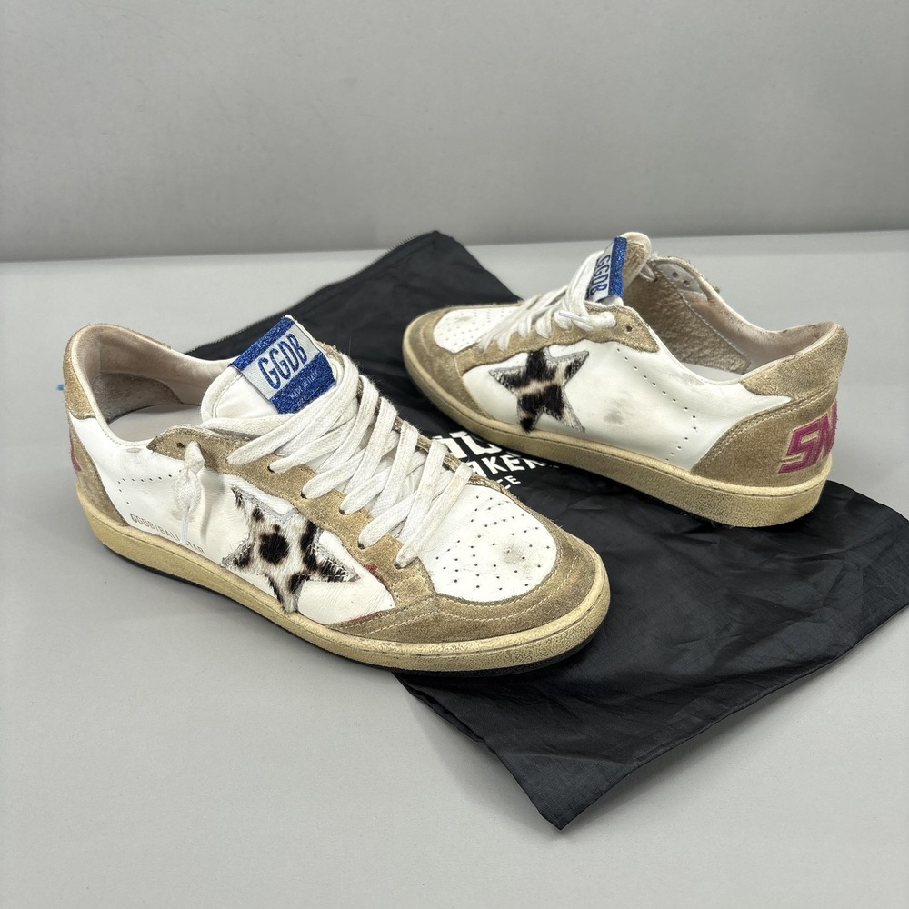 Golden Goose Ball Star Shoes Womens Size 6 White Leather Animal Print Sneakers